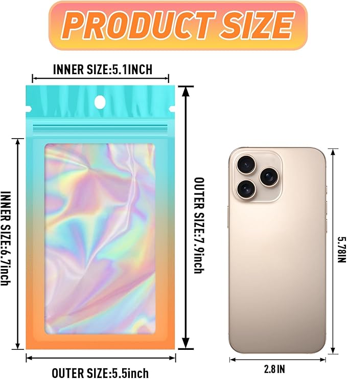 Funfery 100 Pack Gradient Holographic Bags,Mylar Resealable Bag with Zipper,Clear Window Packaging Pouch,Smell Proof Bags for Food Storage,Sample Jewelry Baggies(5.5x7.9In,Blue Orange)