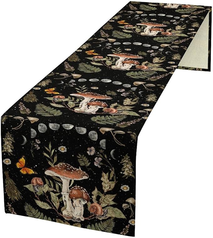 Mushroom Kitchen Table Runner, Boho Vintage Wild Flower Gothic Witchy Moonlit Forest Plant Table Runner for Bedroom Living Room Kitchen Dinner Table, 13x90 Inch