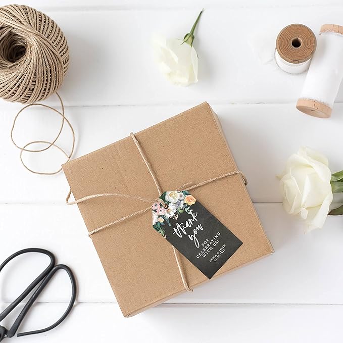 Andaz Press 100-Pack Personalized Thank You Tags with Bakers Twine Chalkboard Florals Custom Cardstock Gift Tags for Wedding Party Favors 2 x 3.75-Inches