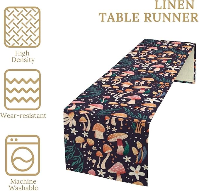 Mushroom Table Runner,Retro Forest Plant Table Cloth Farmhouse Kitchen Dining Table Decoration for Home Party Decor 13x36 Inch