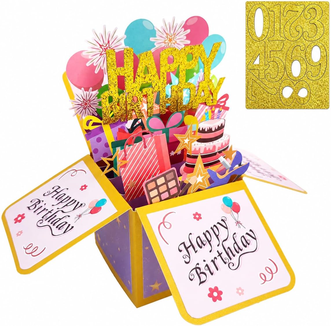 ROBBEAR Happy Birthday Pop Up Card with Birthday Age Design, DIY Card Highlight Birthday Milestone, 3D Birthday Gift Box for Adults and Kids with Envelopes, A Unique Card for Daughter, Son, Mom, Dad, Friend