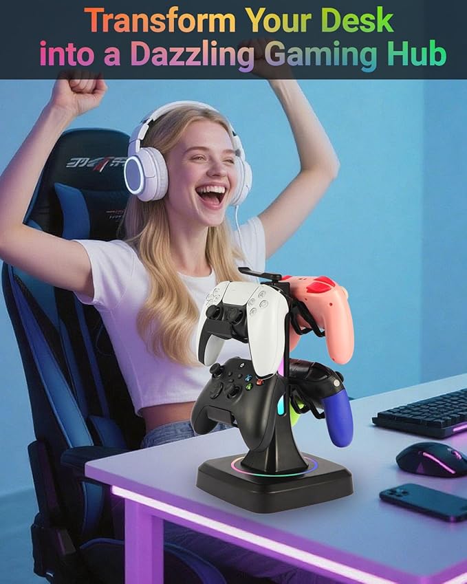 Controller Stand with RGB Multi-Color Light Modes - Headset Holder for PS5, Xbox, Switch - Gaming Room Decor, Desk Organizer for Gamers