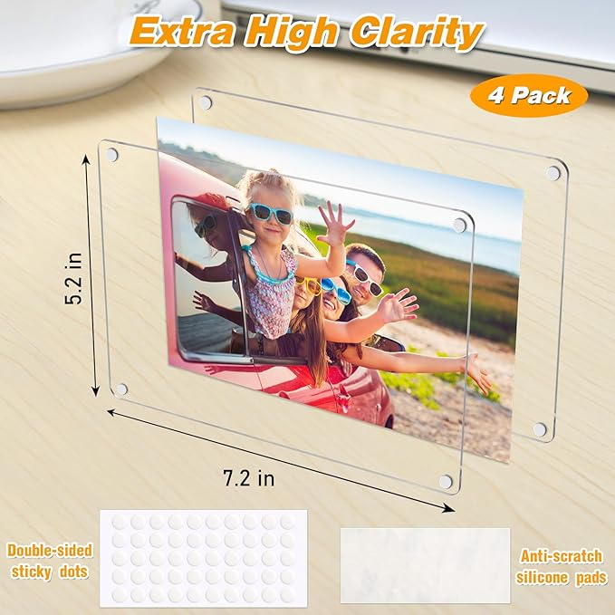 4 Pack 5×7 In Acrylic Fridge Magnetic Frame, Acrylic Photo Picture Frames, Double Sided Photo Refrigerator Magnet Picture Frame, Clear Picture Display Frame