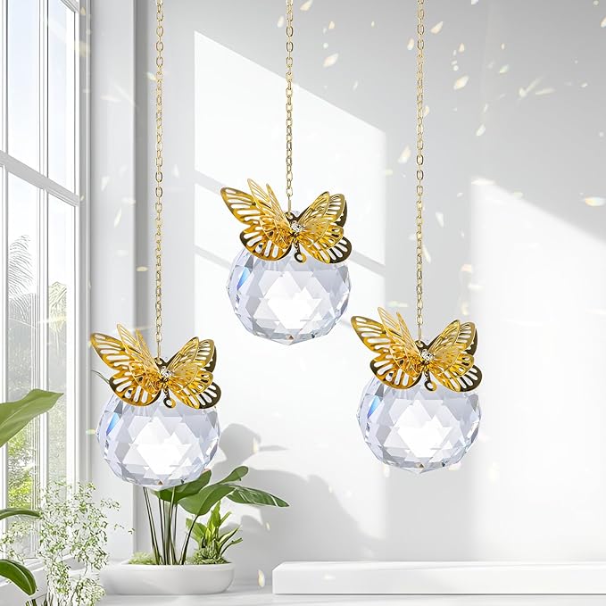 Crystal Suncatchers Gold Butterfly 40mm Crystal Prisms Ball Rainbow Maker with Chain for Window Hanging Decoratioin 3 Pack