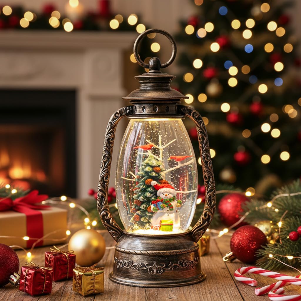 12" Christmas Snow Globe Lantern, Musical Snowman Snow Globes, Indoor Home Christmas Decor, Battery or USB Powered, with 6-Hour Timer, Christmas Decorations
