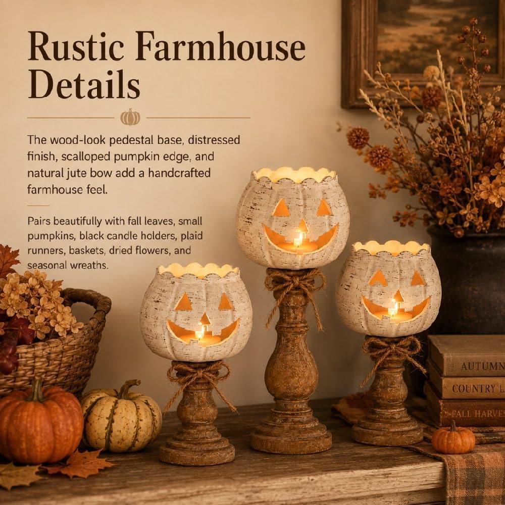 Rustic White Pumpkin Tealight Candle Holder Set, Farmhouse Halloween Pumpkin Tea Light Candle Holders Decor, Fall Tables Centerpieces for Thanksgiving & Halloween Party