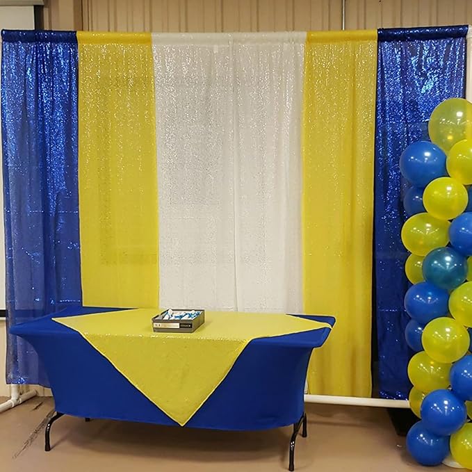 ShinyBeauty Sequin Backdrop Yellow and Royal Blue Backdrop Set of 4, 2FTx8FT Photo Backdrops Shimmer Wall Photograph Backgrounds Glitter Curtains 4 Pieces