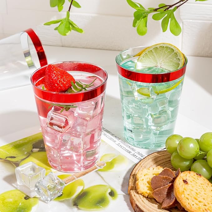 DaYammi 100 Pack Red Plastic Cups 10 Oz Clear Red Rimmed Plastic Cups for Party Fancy Disposable Cup for Wedding Disposable Glasses Clear Tumblers with Rim for Birthday Elegant Wine Cocktail Cup