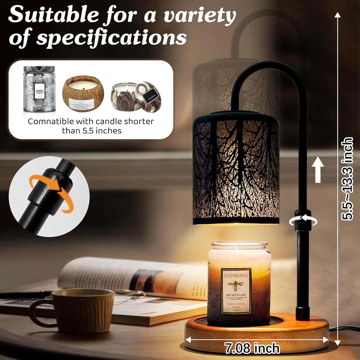 Candles Warmer with Timer and Dimmer, Adjustable Height Candle Melter, Electric Wax Warmer Vintage Home Decor for Jar Candles,2 Bulbs，Black