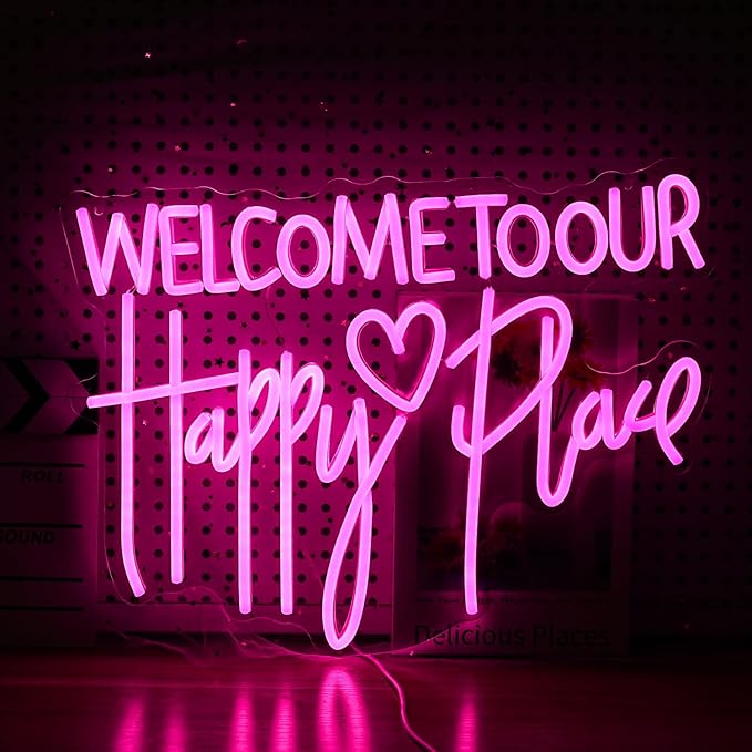 Welcome To Our Happy Place Neon Sign LED Pink Our Happy Place Neon Light With USB for Wall Decor Dimmable Happy Letters Light Up Sign for Bedroom Wedding Party Home Decor (16.7 * 12.6In)