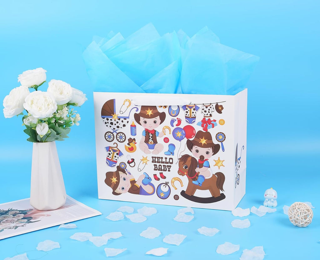 ysmile Cowboy Large Gift Bag with Wrapping Tissue for Baby Shower 12.6" - Boy