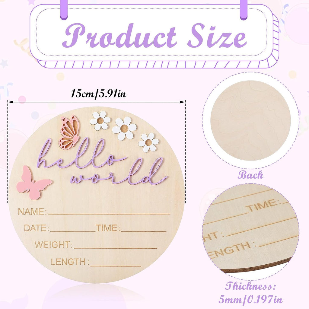 Hello World Newborn Sign, 5.9 Inch Wooden Baby Announcement Sign Pink Butterfly Style Birth Welcome Board for Newborn Boys Girls Photo Props Baby Shower Hospital Nursery (Purple)