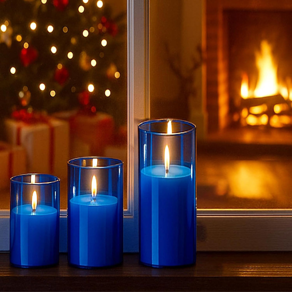 Shihanee 6 Sets/ 12 Pcs Blue Glass Cylinder Holders for White Pillar Candles Clear Cylinder Vases for Slim Pillar Candles Christmas Table Centerpieces, 2.8'' x 4.7", 5.9", 7.9"