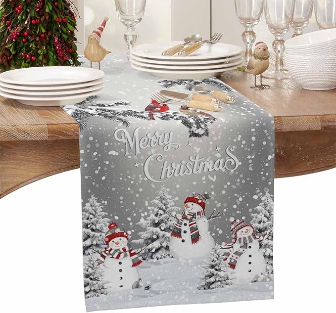 Christmas Snowman Cotton Linen Table Runner for Dining Kitchen, Snowflakes Xmas Pine Tree Wedding Outdoor Party Tablerunner Decoration Winter Bird Dresser Scarf Coffee Tablecloth Runners 13x36 Inches