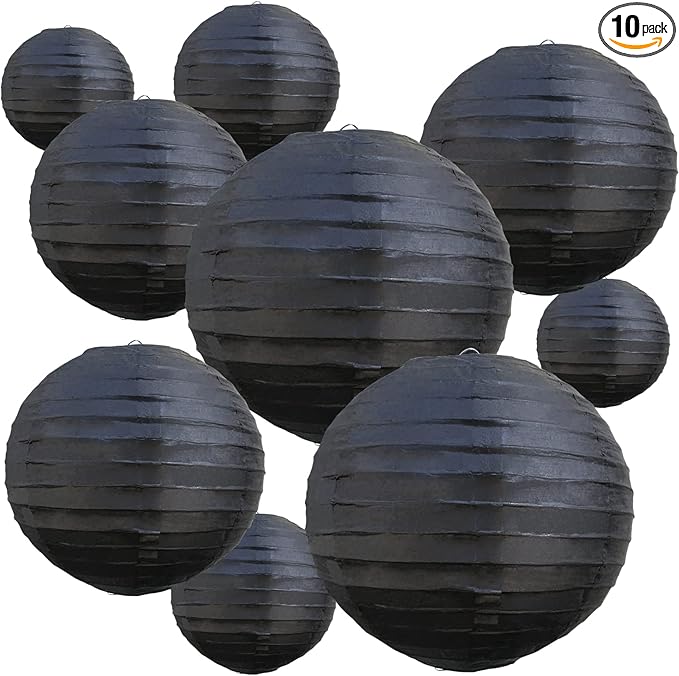 BEISHIDA Black Round Paper Lanterns Decorative Hanging Asia Chinese Japanese Paper Lanterns Lamp for Birthday Wedding Halloween Home Decor Party Decoration（10 Packs）