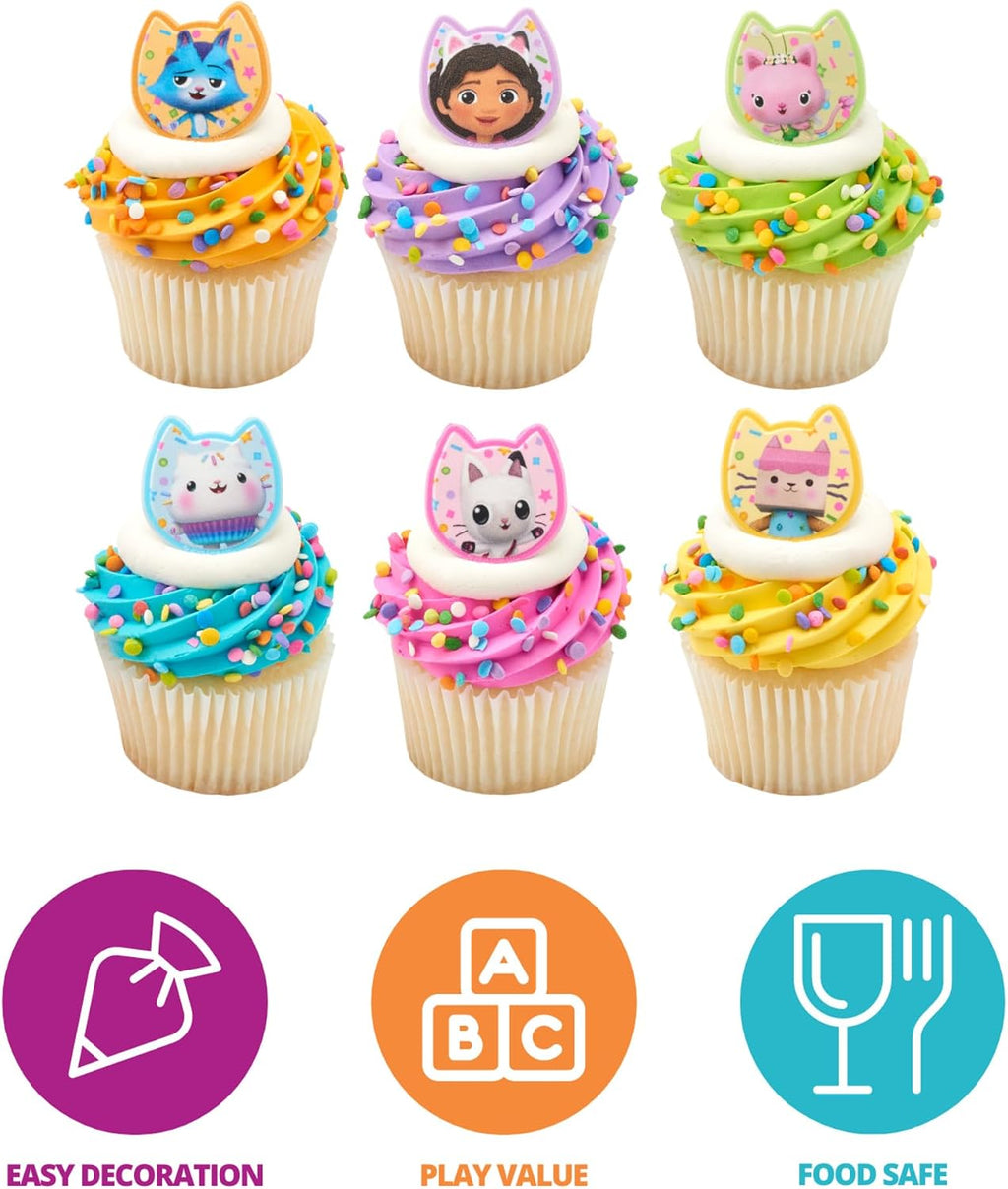 DecoPac DreamWorks Gabby's Dollhouse Rings, 24 Cupcake Decorations Featuring Gabby, Pandy Paws, Irresistible Kitty Characters, and Super Fun Adventures! - 24 Pack