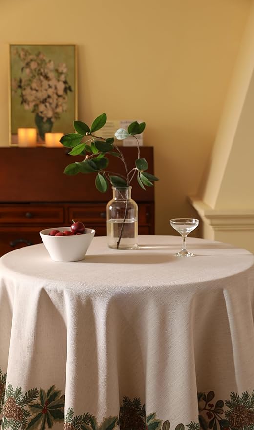 ISAENNE Designer Christmas Linen Small Round Tablecloth,Light Beige Western Elegant Table Cloth,Wrinkle Resistant Decor Tablecloths for Dining Thanksgiving Kitchen Christmas,Diameter 55"-Carol G