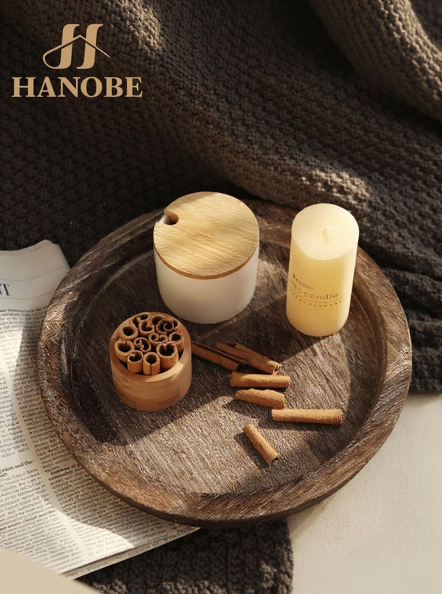 Hanobe Candle Plate Holder Tray: Round Wood Decorative Candle Plate - Rustic Farmhouse Coffee Table Decor - Tealight Pillar Trays for Home Decor (Distressed)