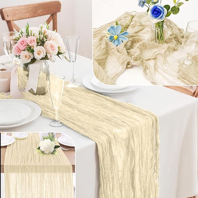 6-Pack Beige Cheesecloth Table Runners – 10FT (35x120 Inch) Boho Rustic Gauze Fabric Cheese Cloth Table Runner for Weddings, Baby Showers, Bridal Shower, Farmhouse & Birthday Party Decor