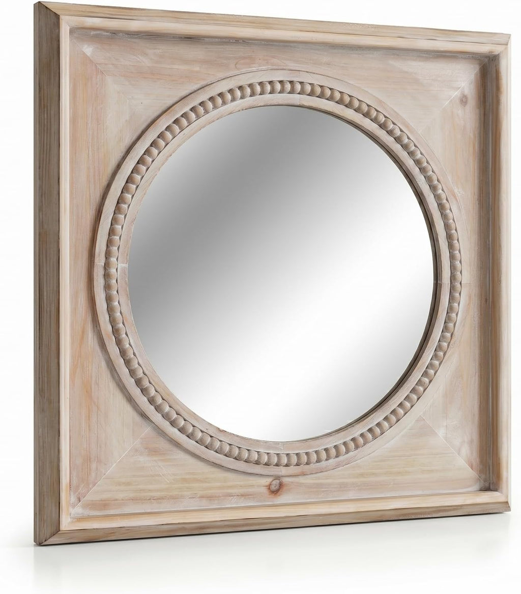 rustic square wood wall mirror with beaded trim, main product view