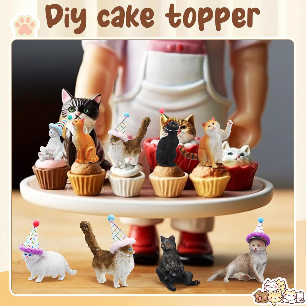 18 Pcs Cat Cake Toppers Figurine Hat Birthday Party Decorations