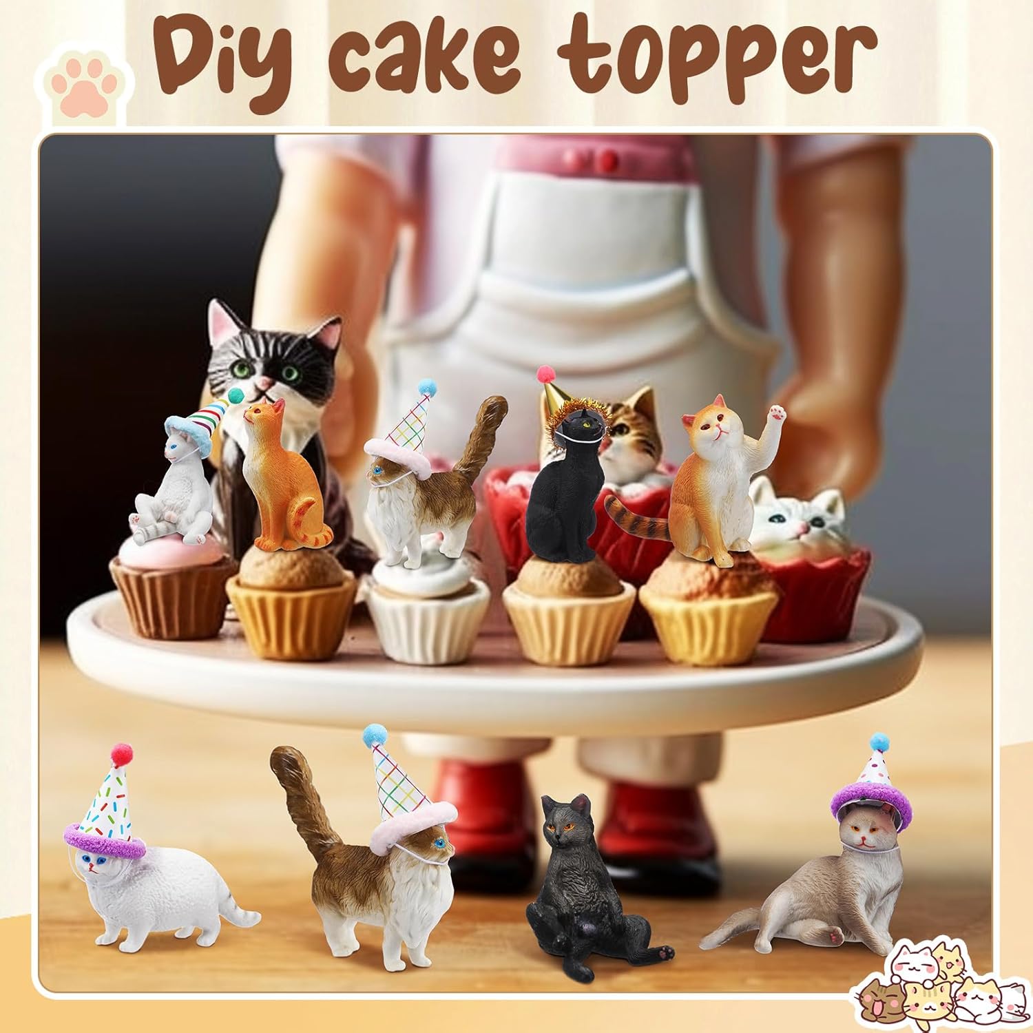 18 Pcs Cat Cake Toppers Figurine Hat Birthday Party Decorations