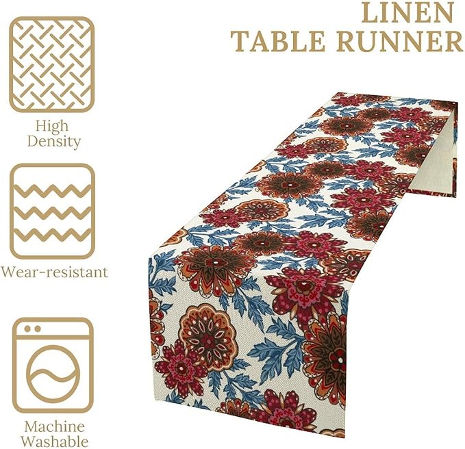 Mandala Flower Table Runner, Vintage Oriental Exotic Native Red Floral Blue Branch Leaves Botanical Print Table Runner for Farmhouse Kitchen Dining Table Decor, 13x60inch