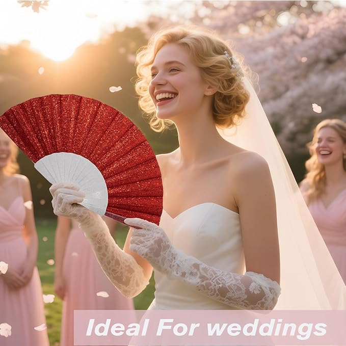 48 Pack Handheld Fan,Folding Hand Glitter fan with Shining Transparent Fan Rib – Ideal for Wedding, Church, Festival, Dance, Tea Party, Club, and EDM Accessories, Red