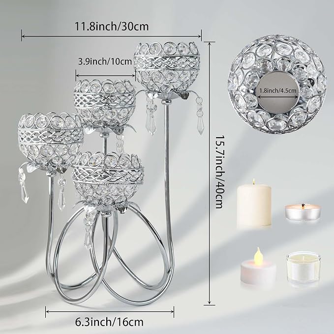 4 Arms Crystal Candelabra Tealight Holder - Tall 15.7 Inch Elegant Centerpiece with Crystal Pendant Bowls & Artistic Metal Stand for Wedding, Dining Table, Home Decor (1, Silver)