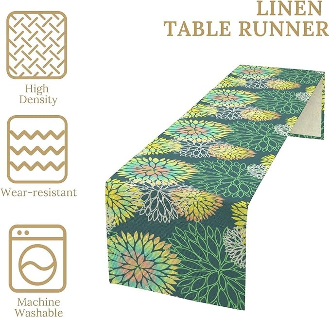 Green Dahlia Flower Table Runner, Linen Geometric Pattern Floral Table Decor Spring Farmhouse Decorations for Kitchen Dining Holiday Party Decor, 13x108 Inch