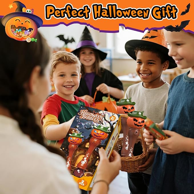 Halloween Pumpkin Bubble Wand for Kids - 2 Pack Automatic Bubble Machine Blower Toys for Toddlers 3-8 with LED Lights, Music Function, DIY Stickers,10 Refill Solutions, Halloween Party Favors Gifts