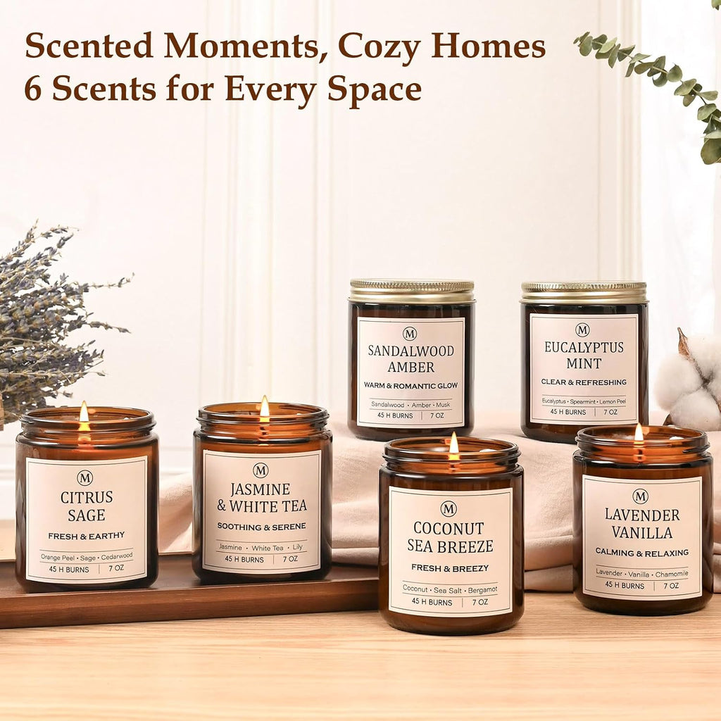 6-Pack Scented Soy Candle Set – Lavender Vanilla, Eucalyptus, Sandalwood, Jasmine & White Tea, Coconut, Sage | Natural Long Lasting Aromatherapy Candles for Home, Relaxation & Birthday Gifts