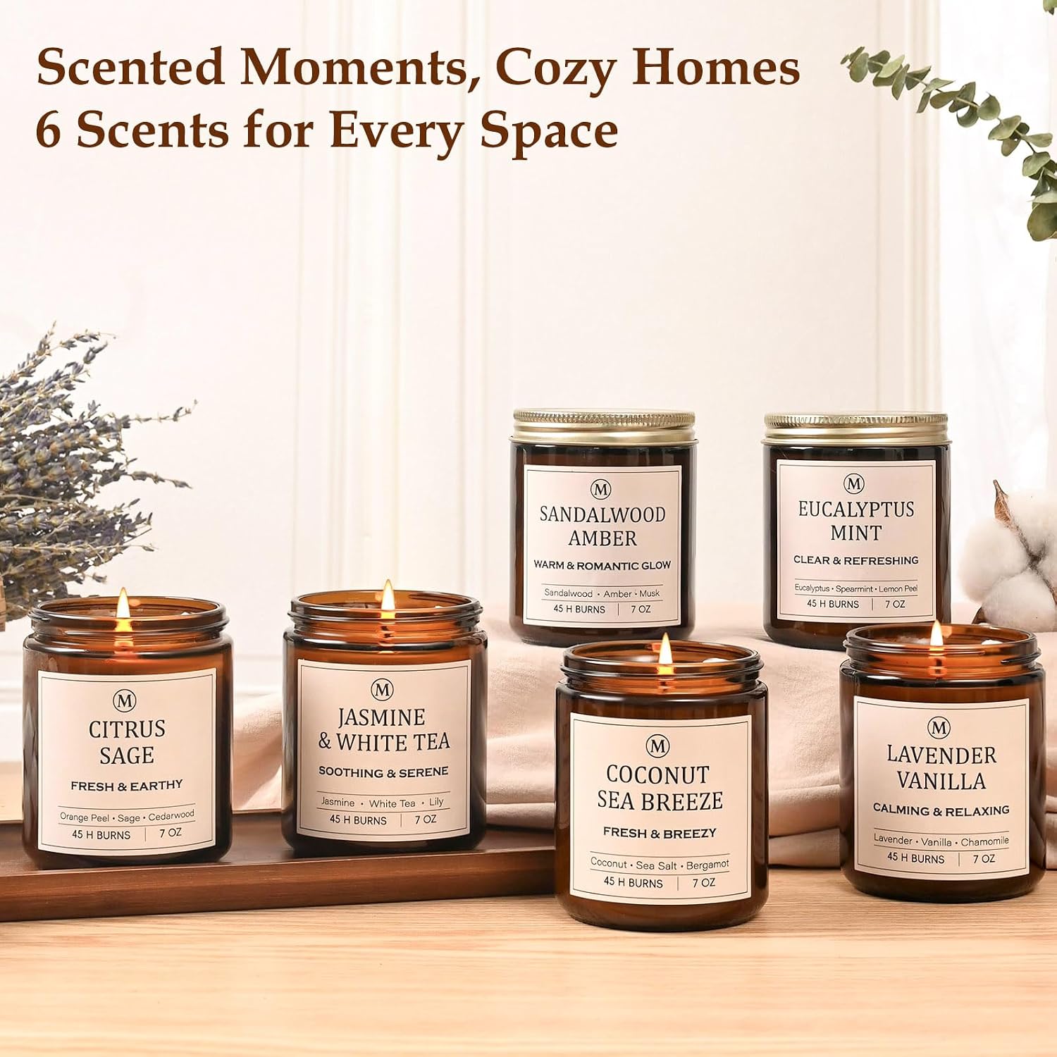 6-Pack Scented Soy Candle Set – Lavender Vanilla, Eucalyptus, Sandalwood, Jasmine & White Tea, Coconut, Sage | Natural Long Lasting Aromatherapy Candles for Home, Relaxation & Birthday Gifts