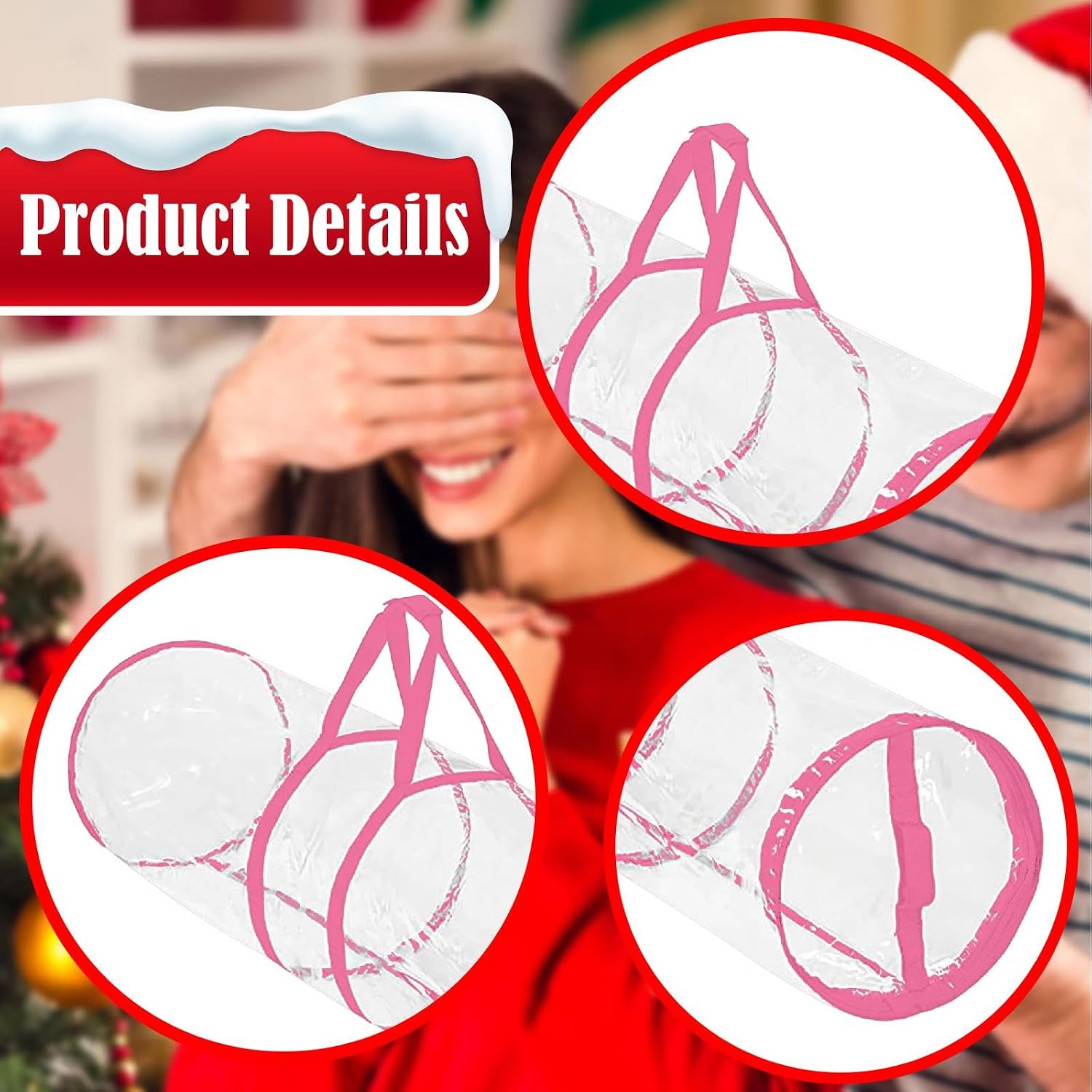Fancyes Gift Wrap Organizer with Handle, Wrapping Paper Holder, 32" Clear PVC Storage Box, Large Capacity Gift Wrap Storage Containers, Underbed Storage for Holiday Decorations, Pink