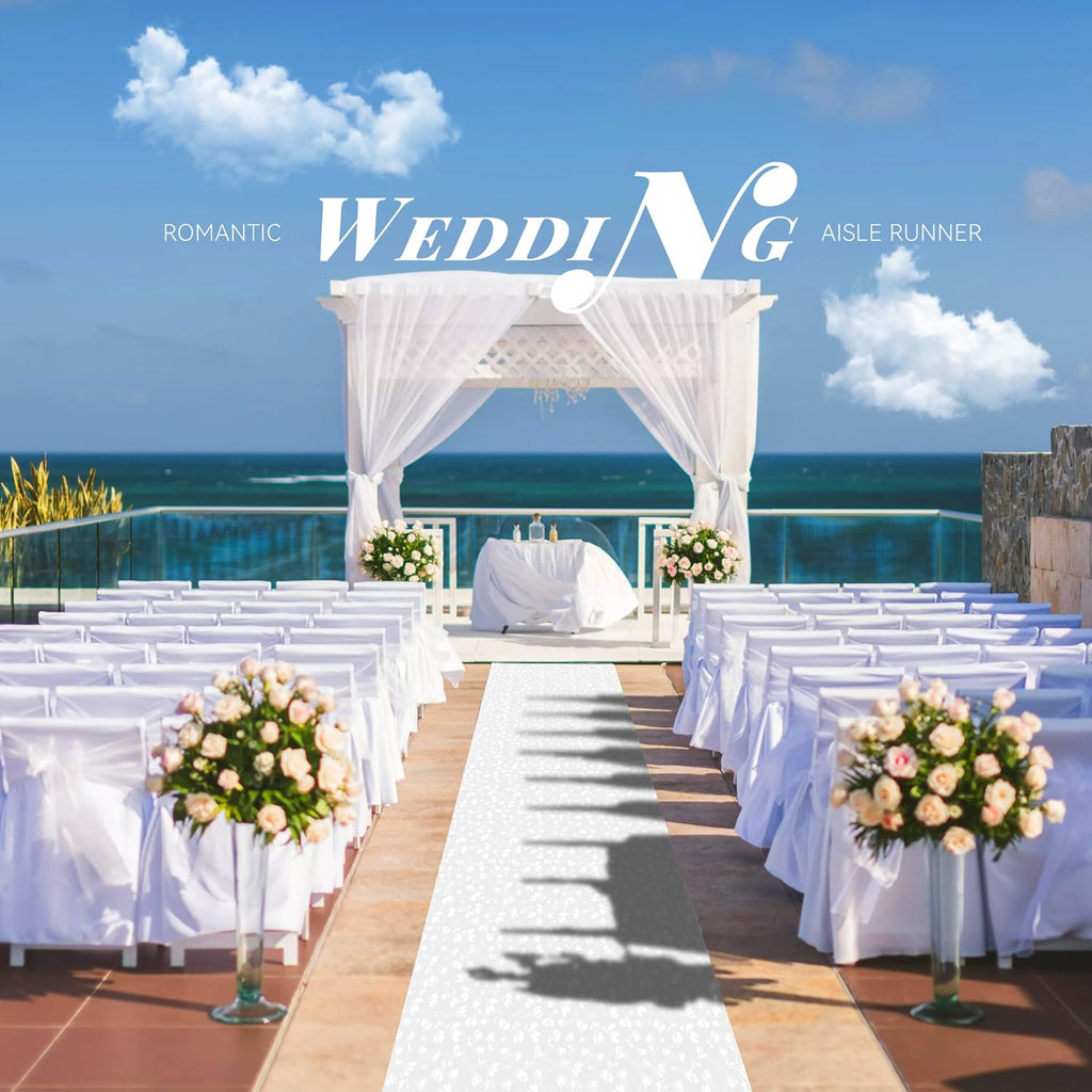 EZLucky Extra Long Wedding Aisle Runner 3x100 ft, White Non-Slip Runner with Double-Sided Tape & Pull Cord, Indoor Outdoor Aisle Runner for Wedding Ceremony, Cuttable Scroll Pattern