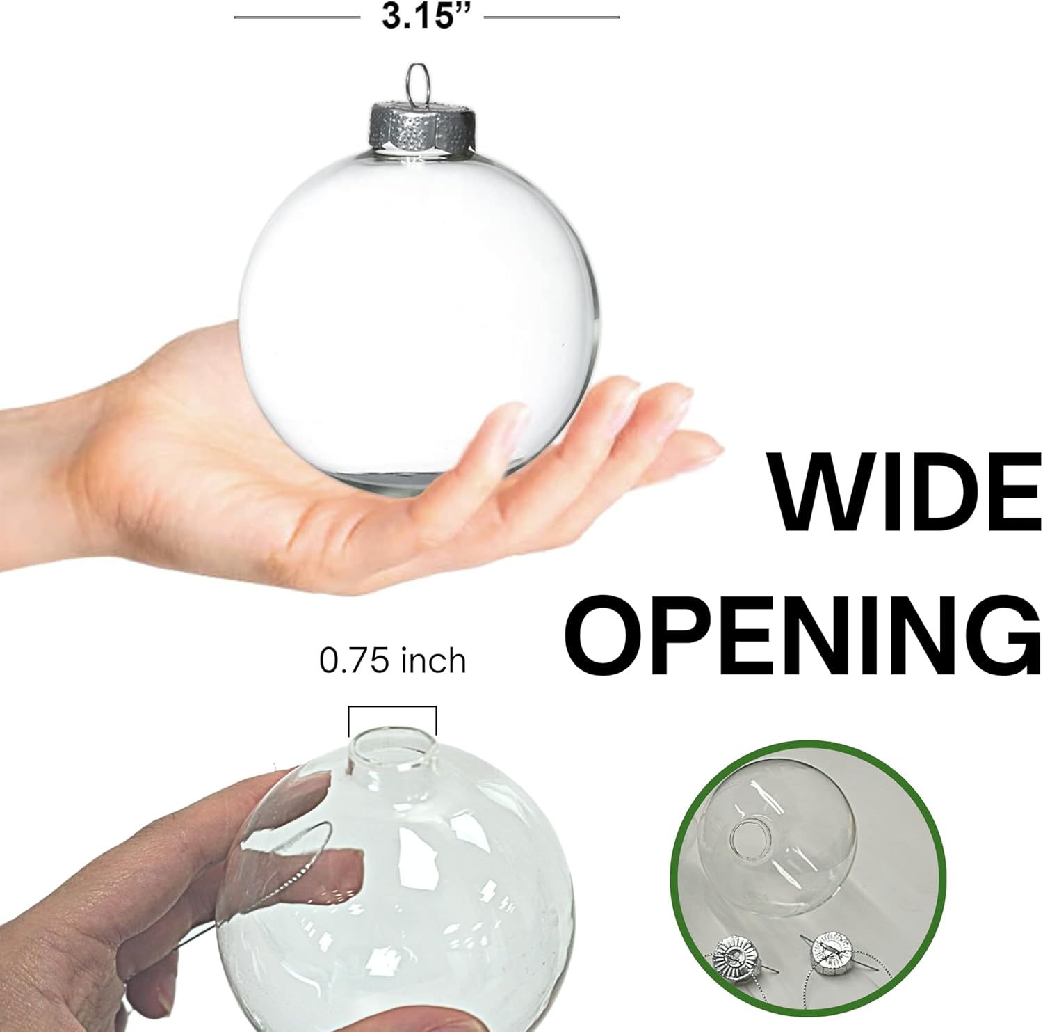 4E's Novelty 12-Pack 3.15 Inch Clear Glass Christmas Ornament Balls - Fillable with Hanging Cord, DIY Glass Ornaments for Xmas Tree