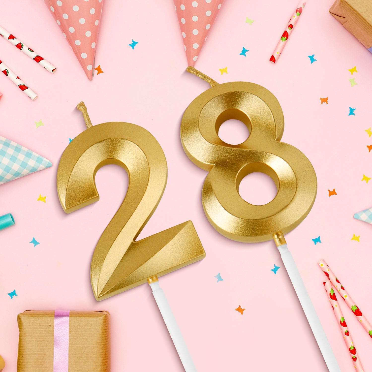 Birthday Candles, 1.96 Inch Number 28 Happy Birthday Candles, Number Candles Decoration for Birthday Party and Anniversary Celebration(Champagne Gold)