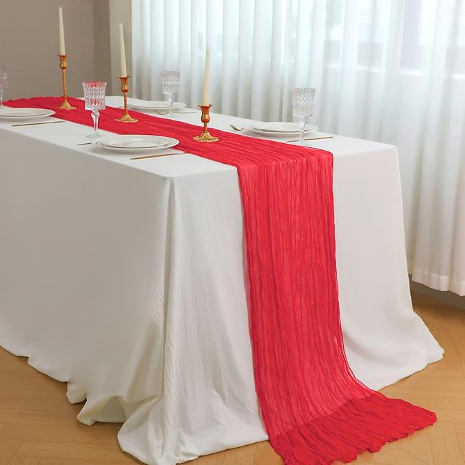Snowkingdom 10 Ft Red Cheesecloth Table Runner, 120 inch Long Cheese Cloth Boho Gauze Runner for Wedding Bridal Baby Shower Birthday Sheer Table Decorations