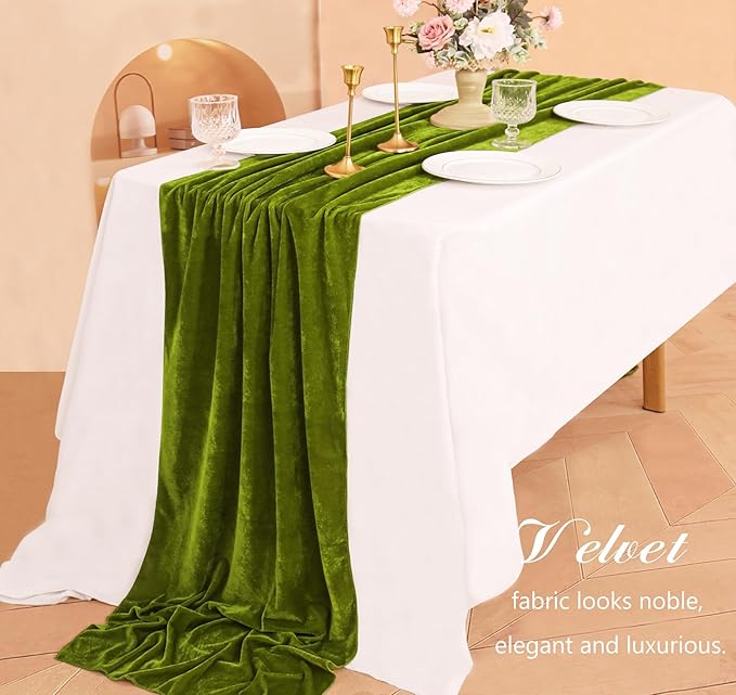 Velvet Table Runner 20 x 120 Inches 10ft Luxurious Thick Soft Velvet Christmas Thanksgiving Wedding Reception Table Runner for Party Reception Decorations(Olive Green, 1 Pack)