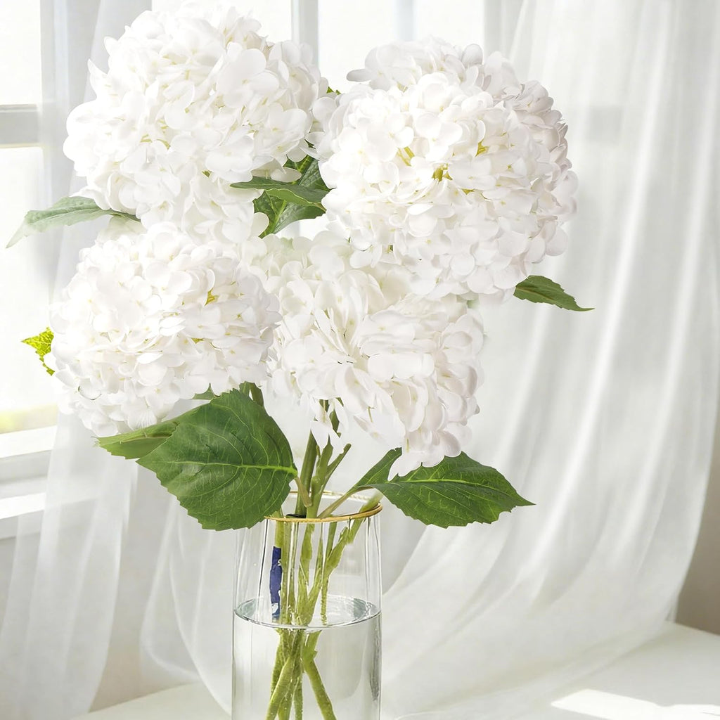 20" 4Pcs White Faux Hydrangea Flowers Real Touch Fake Hydrangeas Bouquet Hydrangea Artificial Flowers with Leaves Stems for Centerpiece Arrangements Wedding Party Home Décor