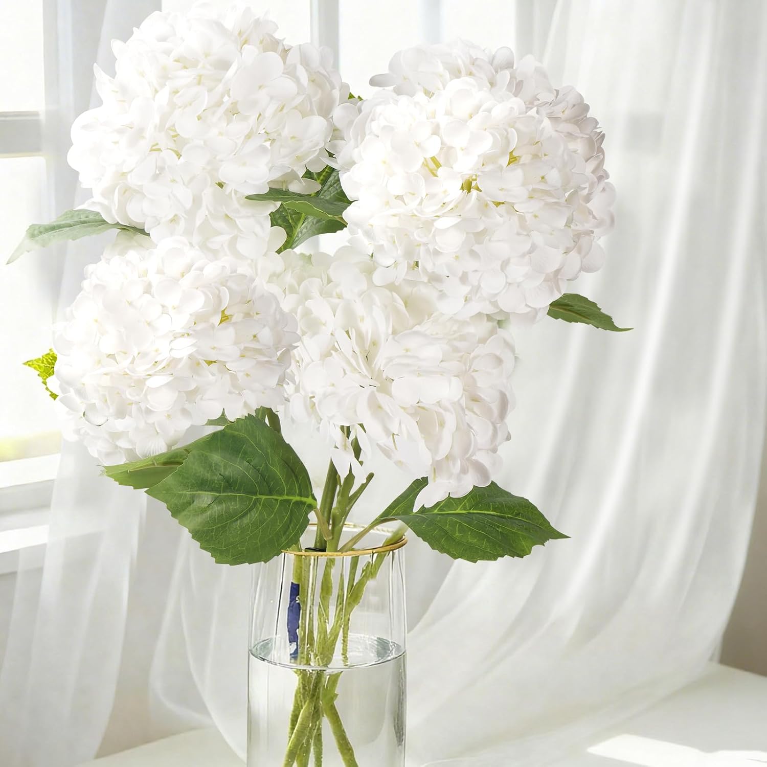 20" 4Pcs White Faux Hydrangea Flowers Real Touch Fake Hydrangeas Bouquet Hydrangea Artificial Flowers with Leaves Stems for Centerpiece Arrangements Wedding Party Home Décor