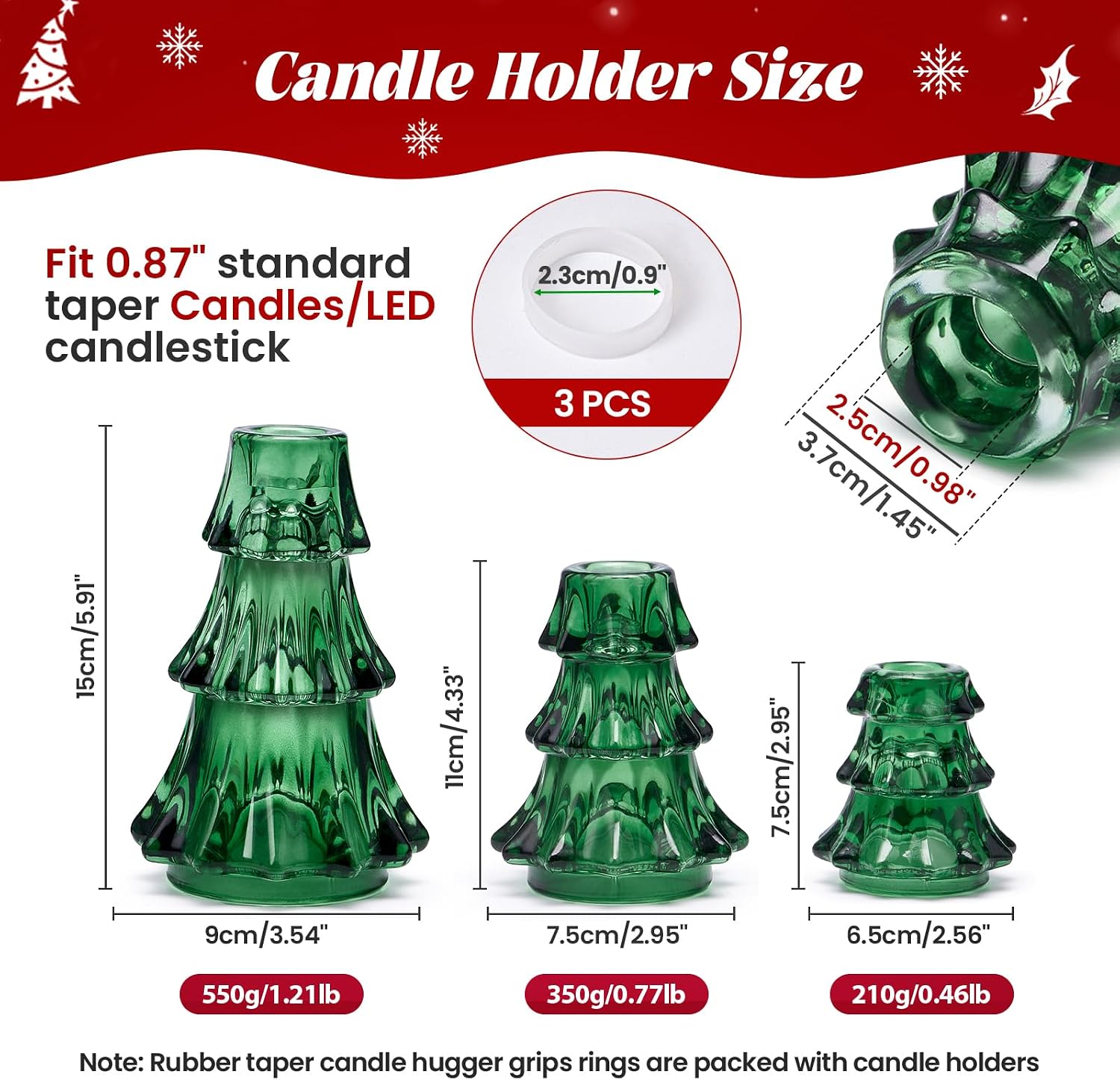 CHILL RECIPE Christmas Tree Candle Holders Xmas Glass Taper Candlestick Holders Thickened with Rubber Candle Grippers for Decoration Table Centerpiece Dinner Party Home Decor(Green 3Pcs &Box)
