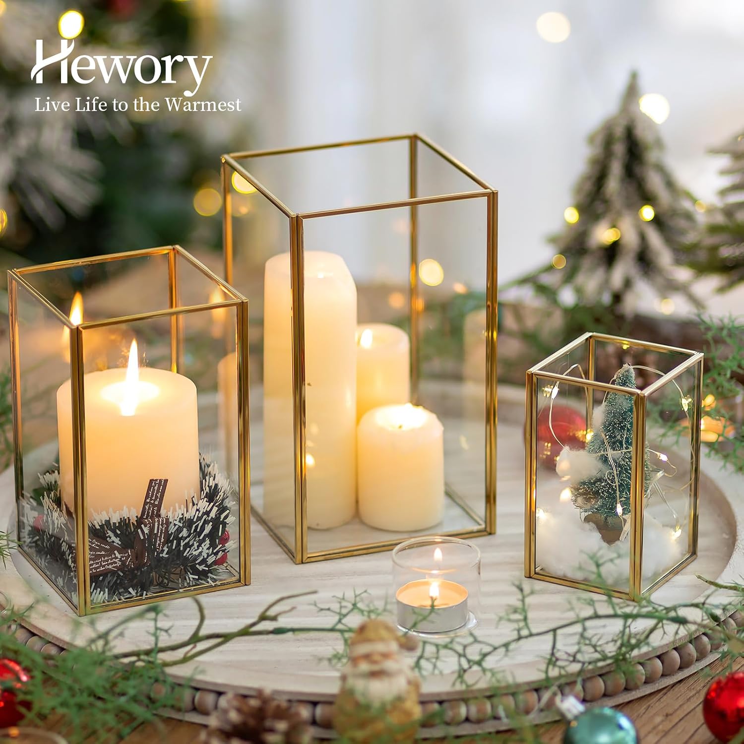 Hewory Glass Hurricane Candle Holder: Gold Hurricane Candle Holders with Metal Frame Square Set of 3, Clear Candle Holder for Table Centerpiece Wedding Christmas Engagement Birthday Party Decorations