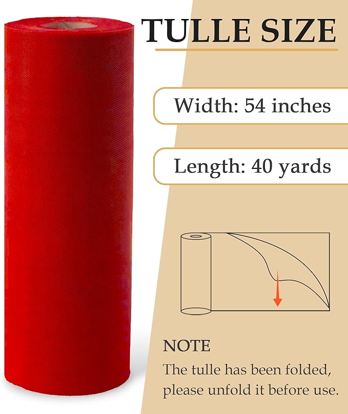 Red Tulle Fabric Roll, 54" x 40 Yards (120FT) Tulle for Christmas Decorations Gift Wrapping Wedding DIY Tutu Party Backdrop Baby Shower Table Skirts