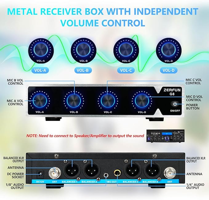 4 Channel Rechargeable Wireless Microphone System, Pro UHF Metal Headset Lavalier Lapel Cordless Mics Handheld for Karaoke Singing Church with VOL Control, 4x50 Adjustable Frequency(G8)