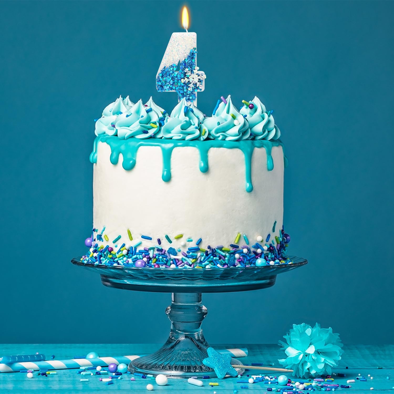 Snow Frozen Themed Birthday Candles, 4th Birthday Candle for Party Supplies, Frozen Birthday Party Decor, 2.76 inch Number 4 Cake Topper Decoration (Number 4)