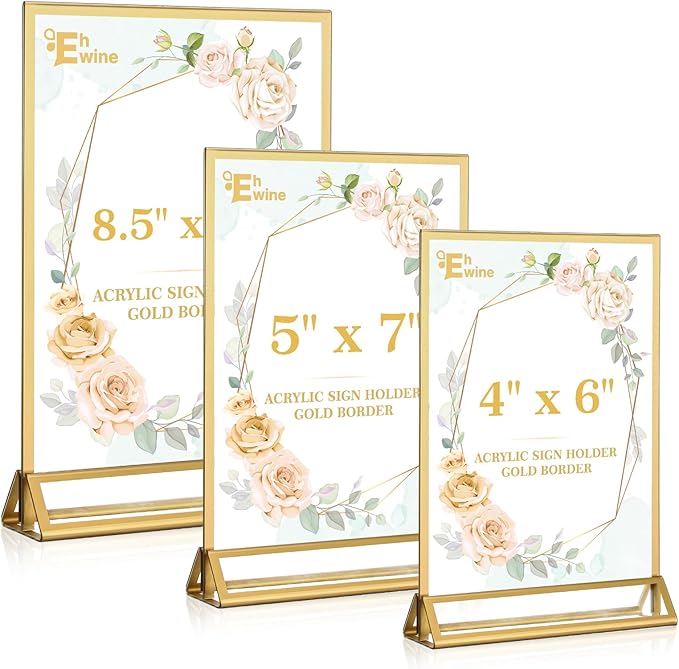 EHWINE 6 Pack Acrylic Sign Holder 5 x 7, Double Sided Gold Picture Frame Stand up Table Top Sign Holders, Clear Display Stand Menu Flyer Holder for Wedding Party