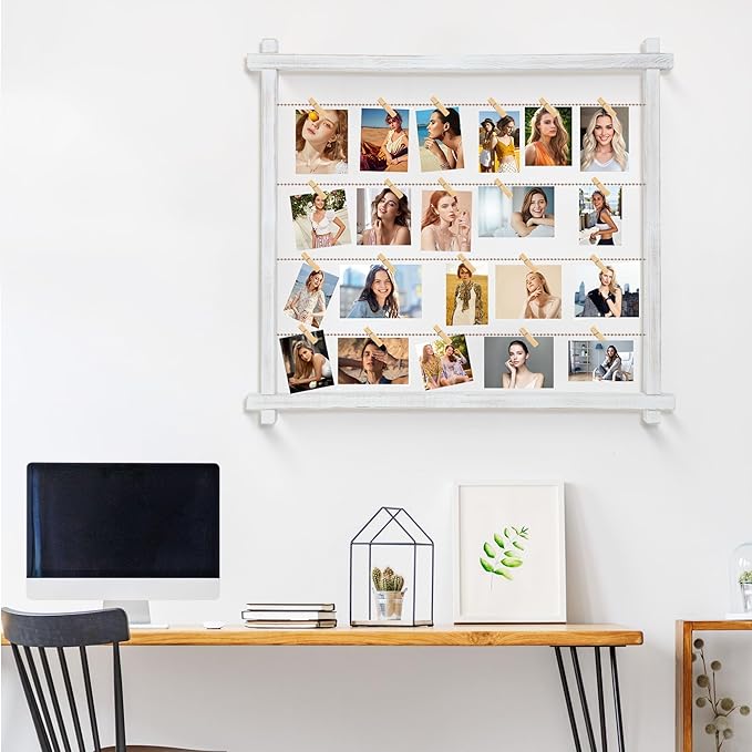 Collage Picture Frame,Photo Display Board,Hanging Pictures Frames with Clips for Graduation Birthday Party,Dorm Photo Card Wall Decor Hanger Holder,Upgraded,Easy To Assemble,Large(White）