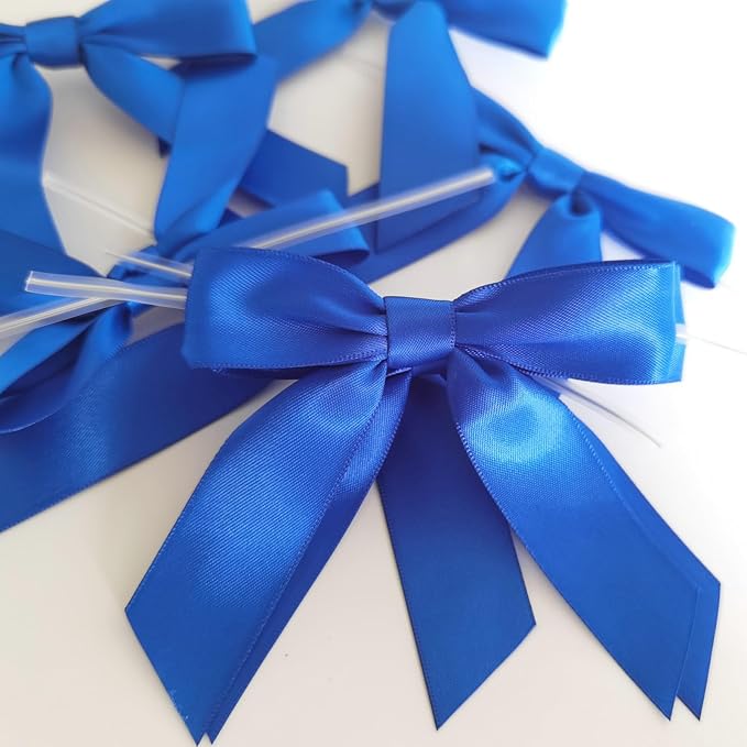 50pcs/Bag 3-1/2" Blue Satin Ribbon Bows with Twist Ties for 4th of July Independence Day Gift Wrapping Packing Holiday Decoration(Blue)
