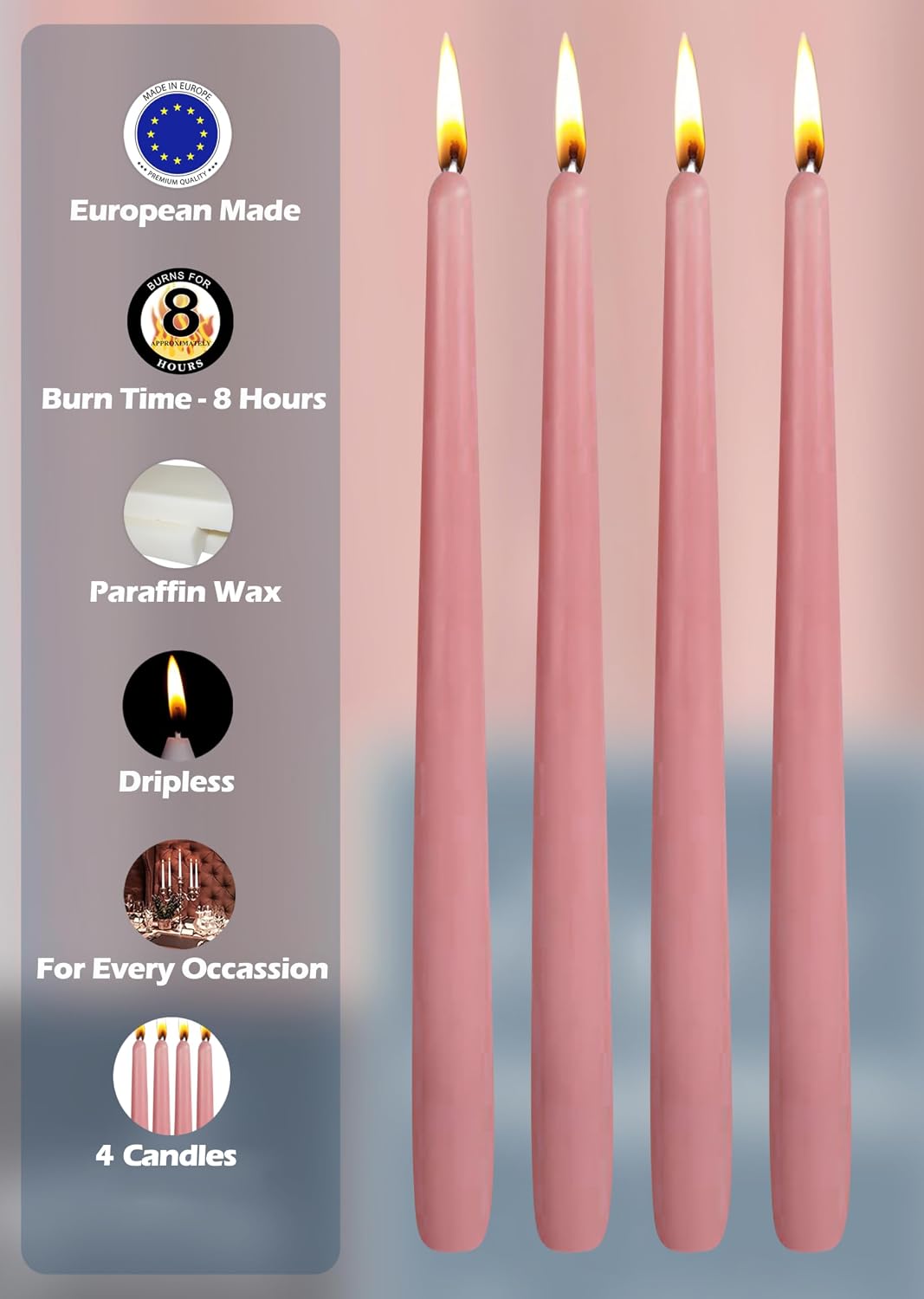 Hyoola Tall Taper Candles - 10 Inch Rose Pink Unscented Dripless Taper Candles - 8 Hour Burn Time - 4 Pack